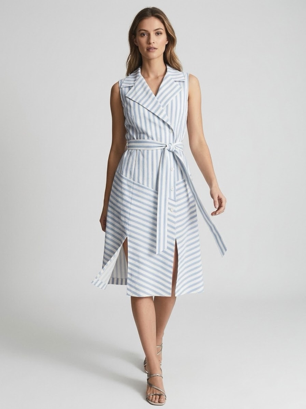 Finley Light Blue and White Striped Sleeveless Wrap Midi Dress - Large